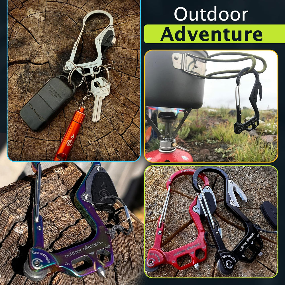 OUTDOOR ELEMENT clipped to backpack carabiner for everyday accessibility