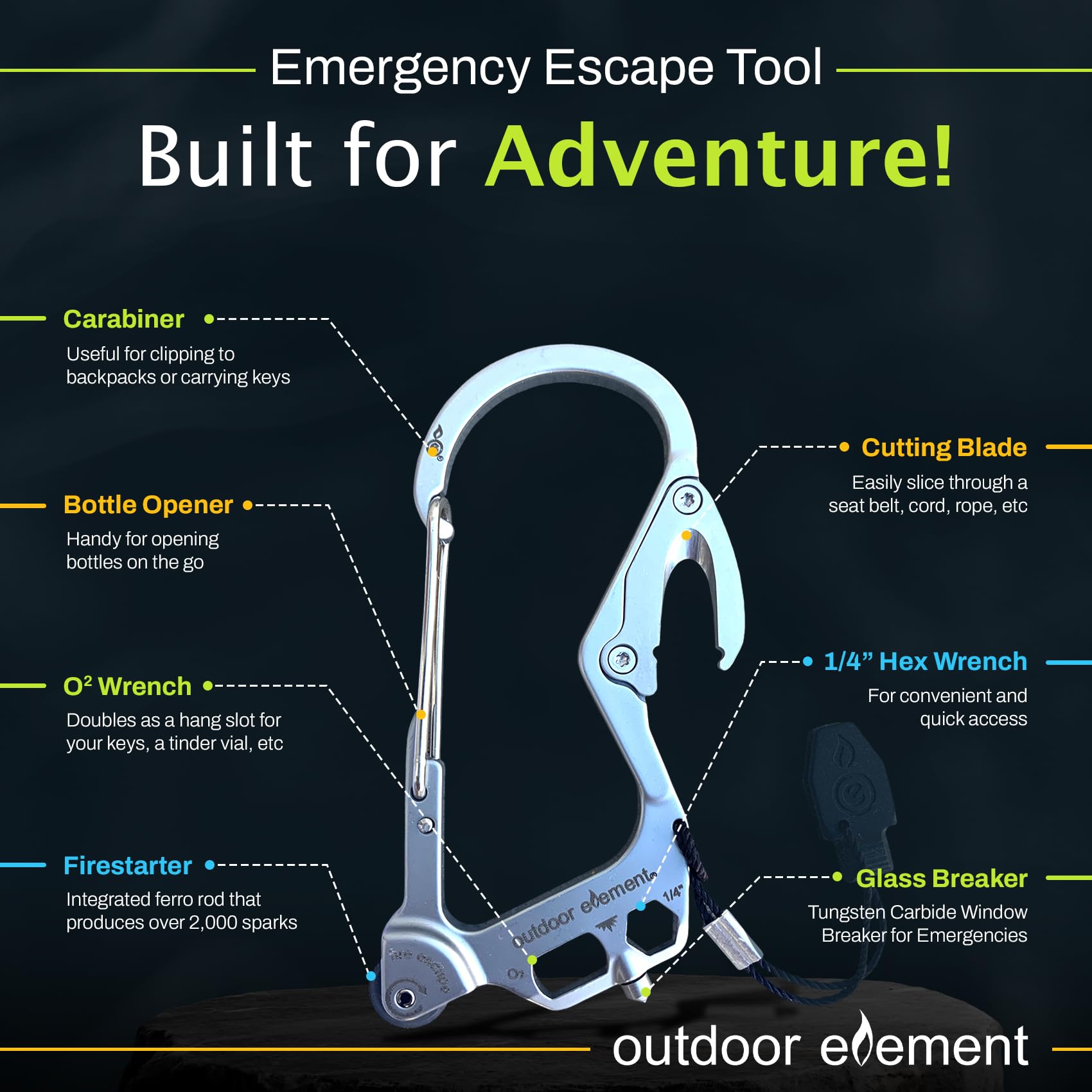OUTDOOR ELEMENT detail of recessed seatbelt cutter for safe, one-handed cutting