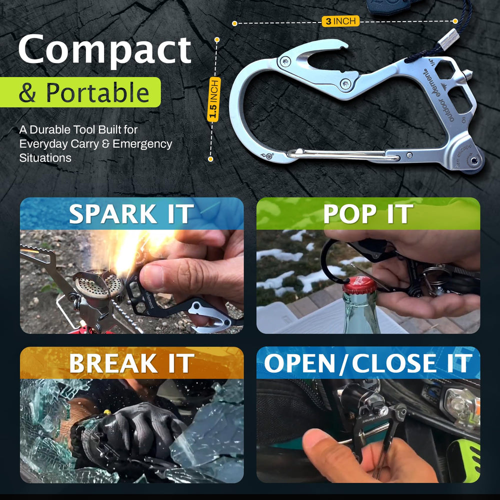OUTDOOR ELEMENT side profile highlighting stainless steel body and secure carabiner carry