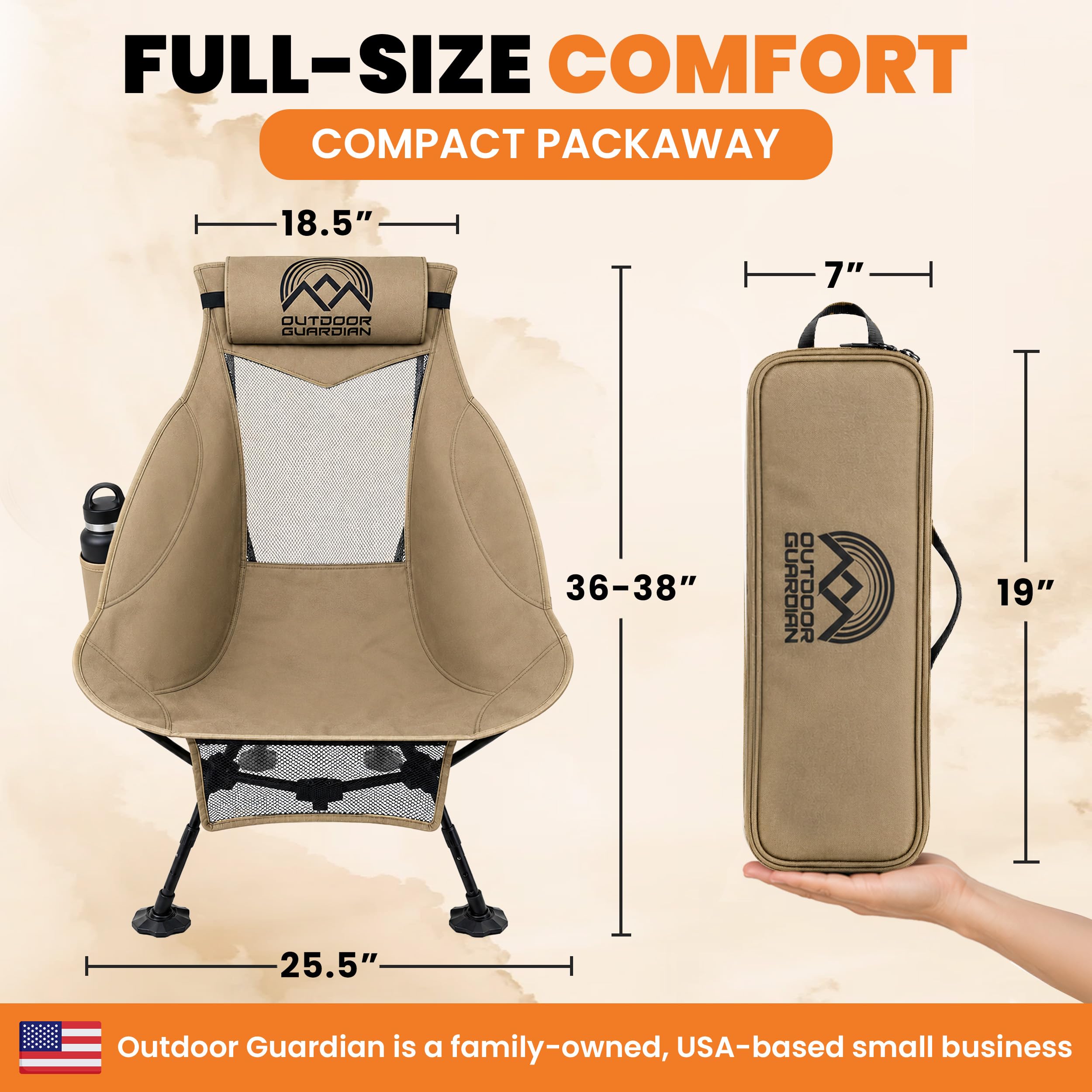 Outdoor Guardian chair in use at a campsite demonstrating comfort and stable support