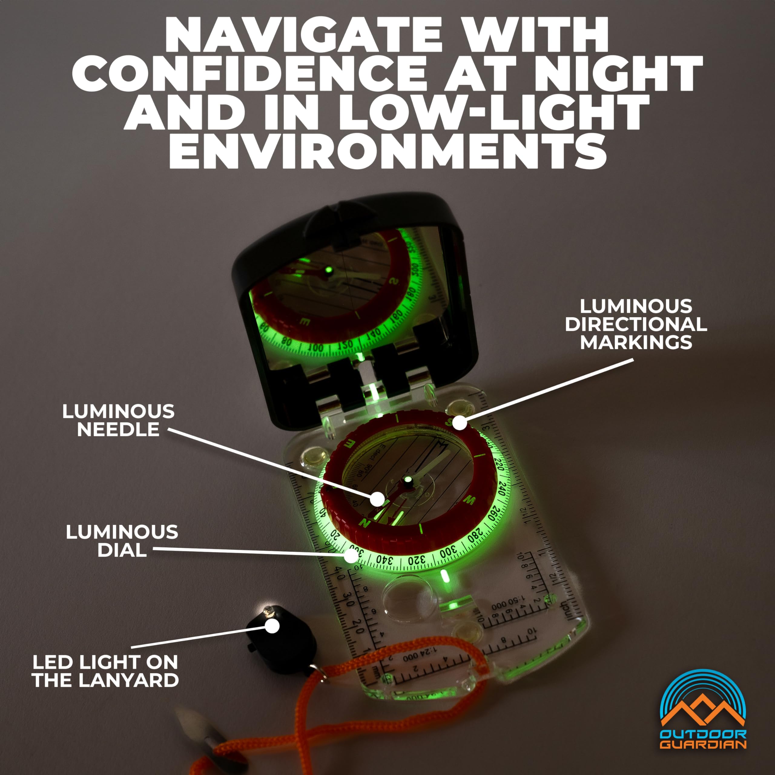 Outdoor Guardian Pathfinder luminous bezel glowing for night navigation and easy bearing reading