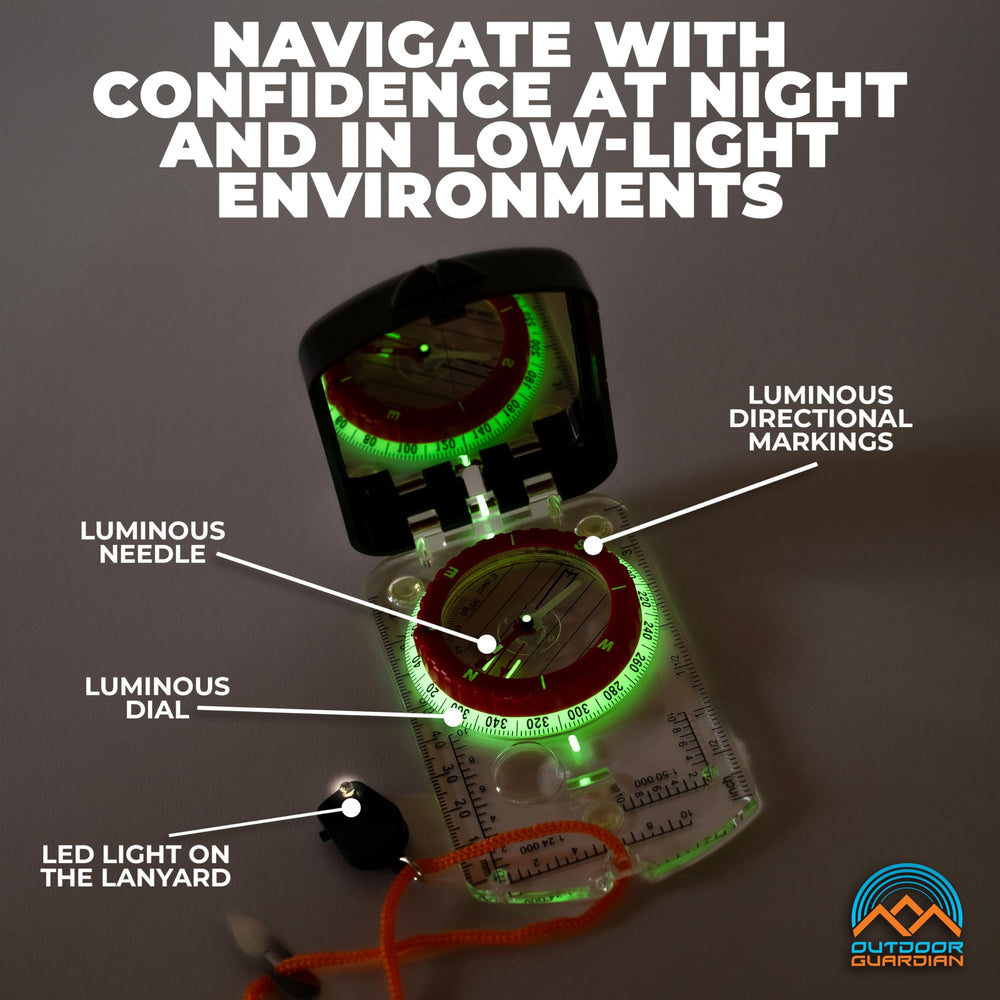 Outdoor Guardian Pathfinder luminous bezel glowing for night navigation and easy bearing reading