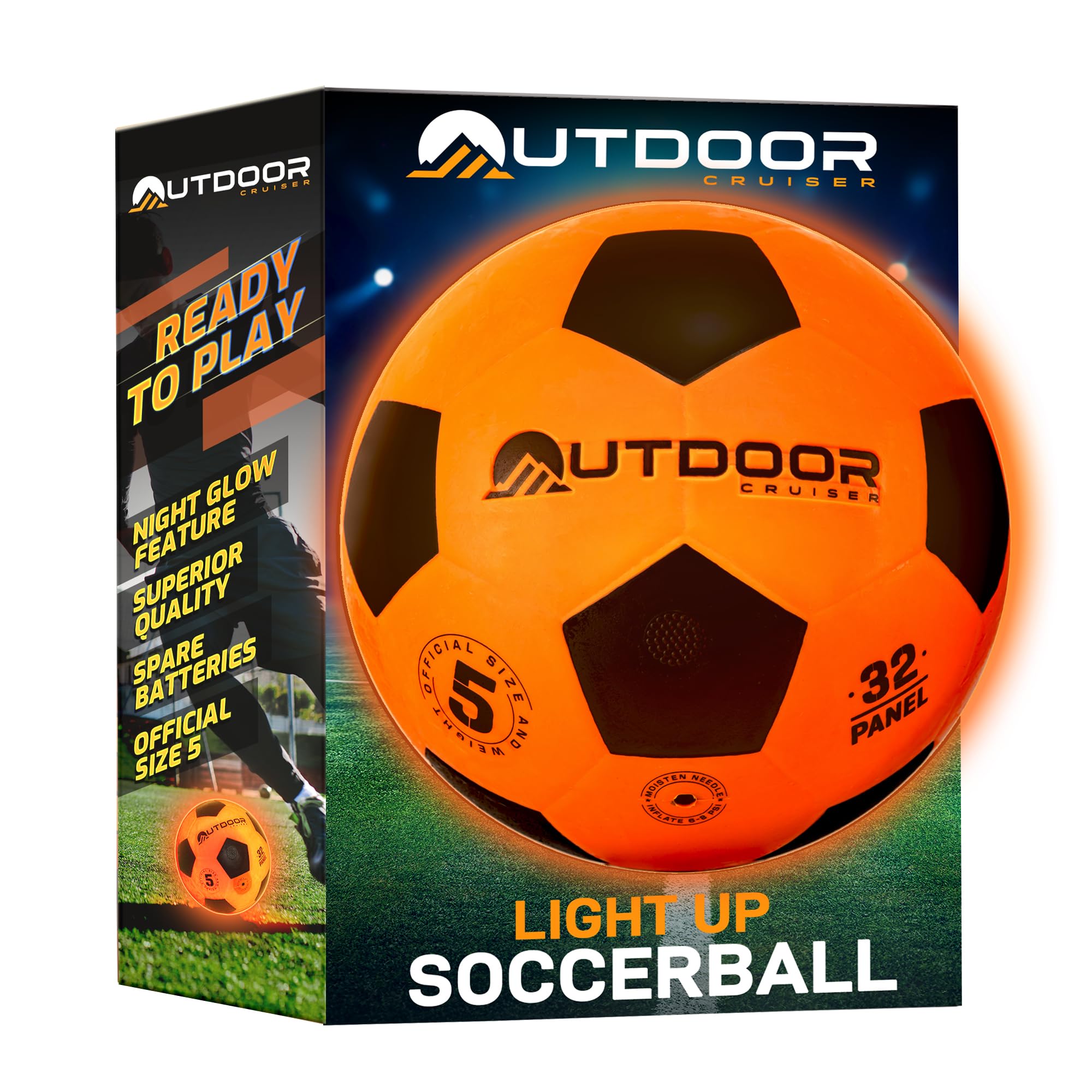 OutdoorCruiser front view of the light up soccer ball showing design and branding for quick recognition