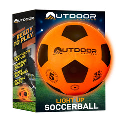 OutdoorCruiser front view of the light up soccer ball showing design and branding for quick recognition
