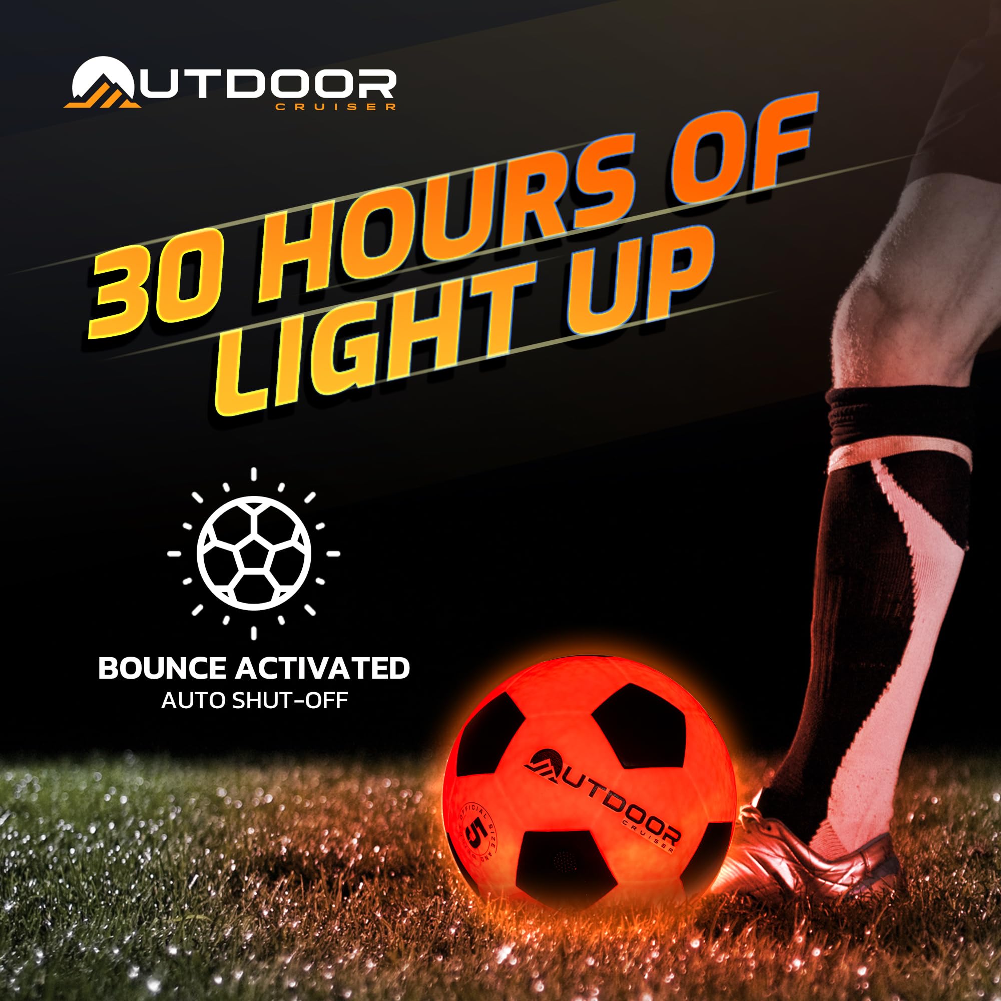 OutdoorCruiser soccer ball glowing at night showing bright illumination for extended evening play