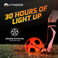 OutdoorCruiser soccer ball glowing at night showing bright illumination for extended evening play