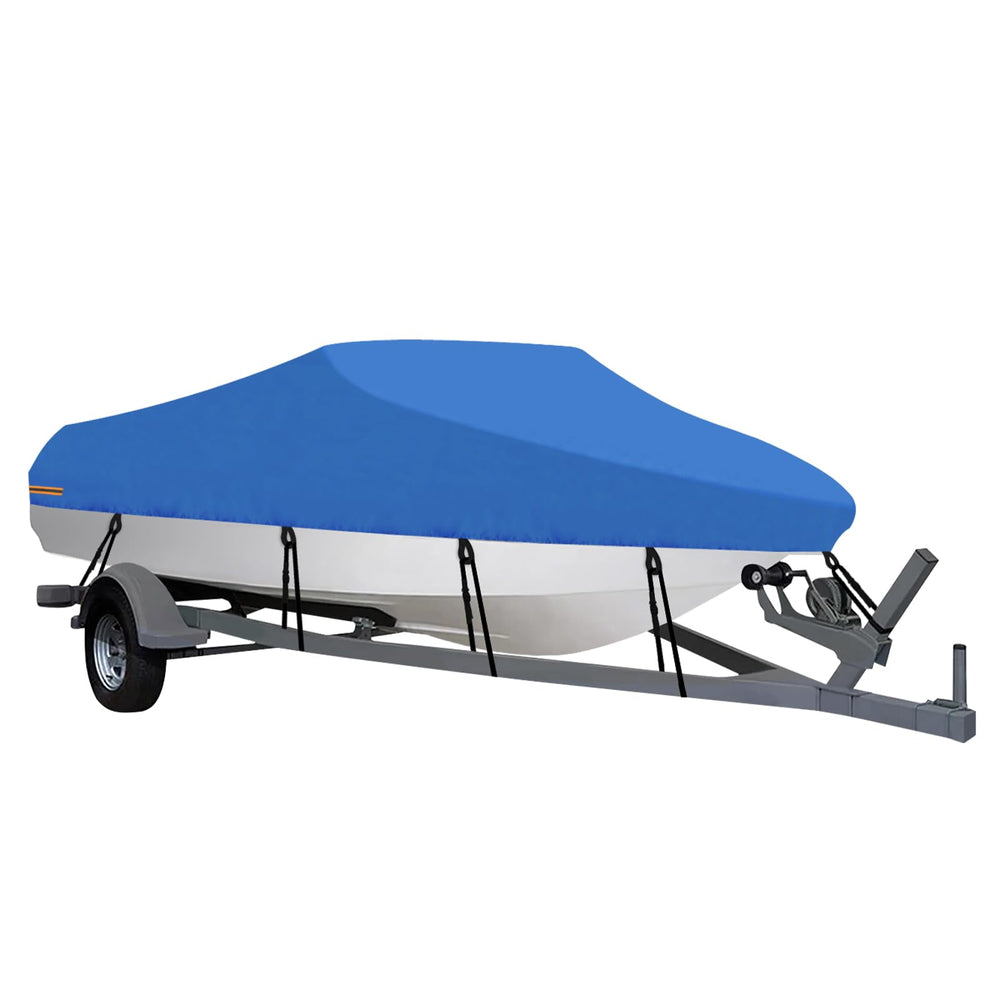 OutdoorLines front view of blue 14–16 ft boat cover showing fit and protection