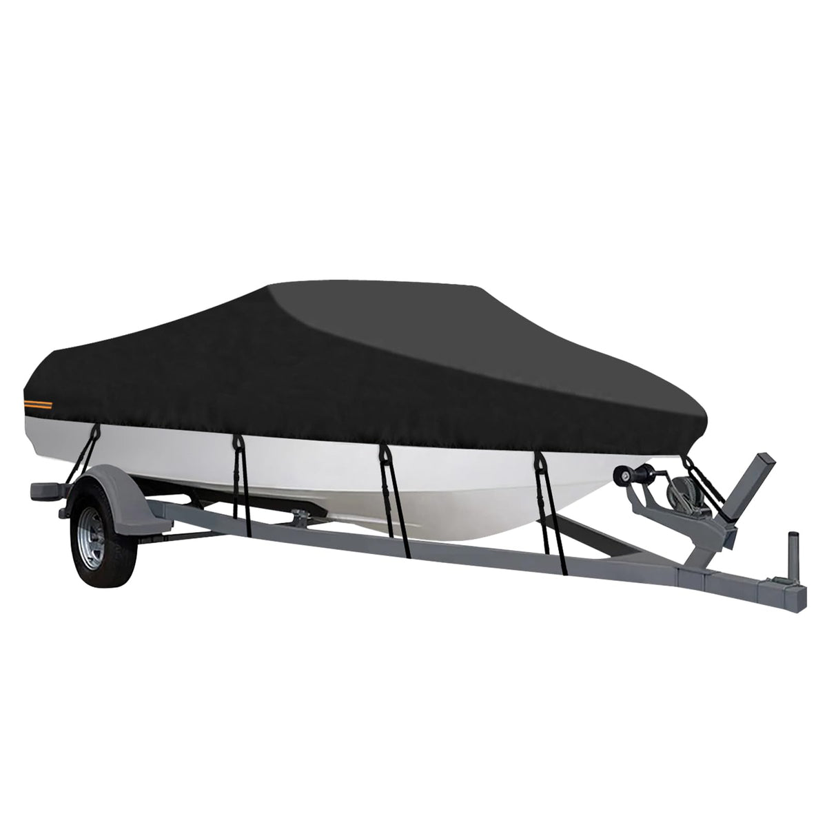 OutdoorLines front view of 14–16 ft black boat cover showing full protection and neat fit