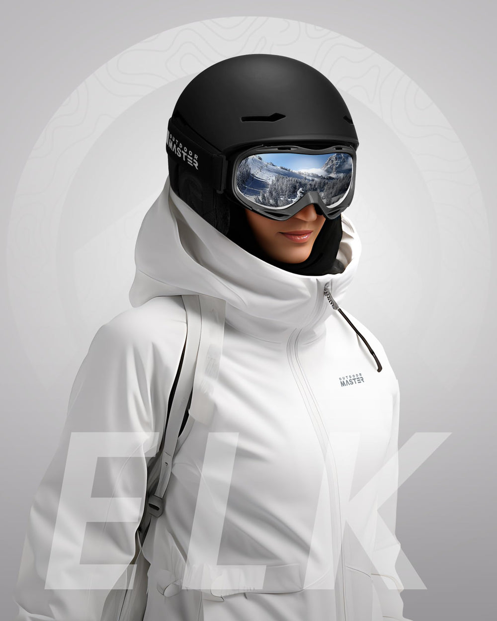 OutdoorMaster ELK worn with goggles on slope demonstrating secure eyewear