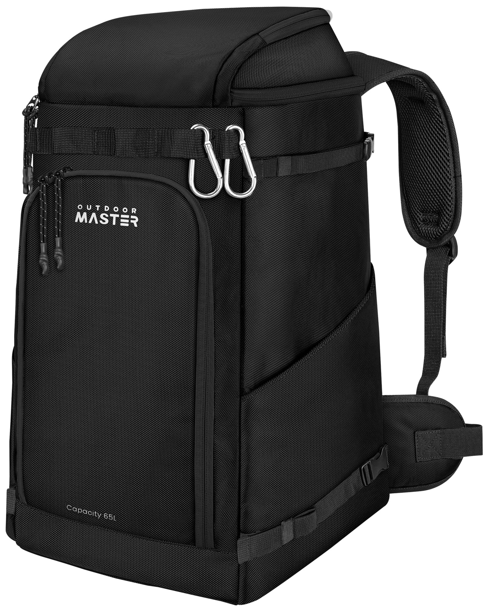 OutdoorMaster front view showing organized compartments and durable design benefit: easy packing