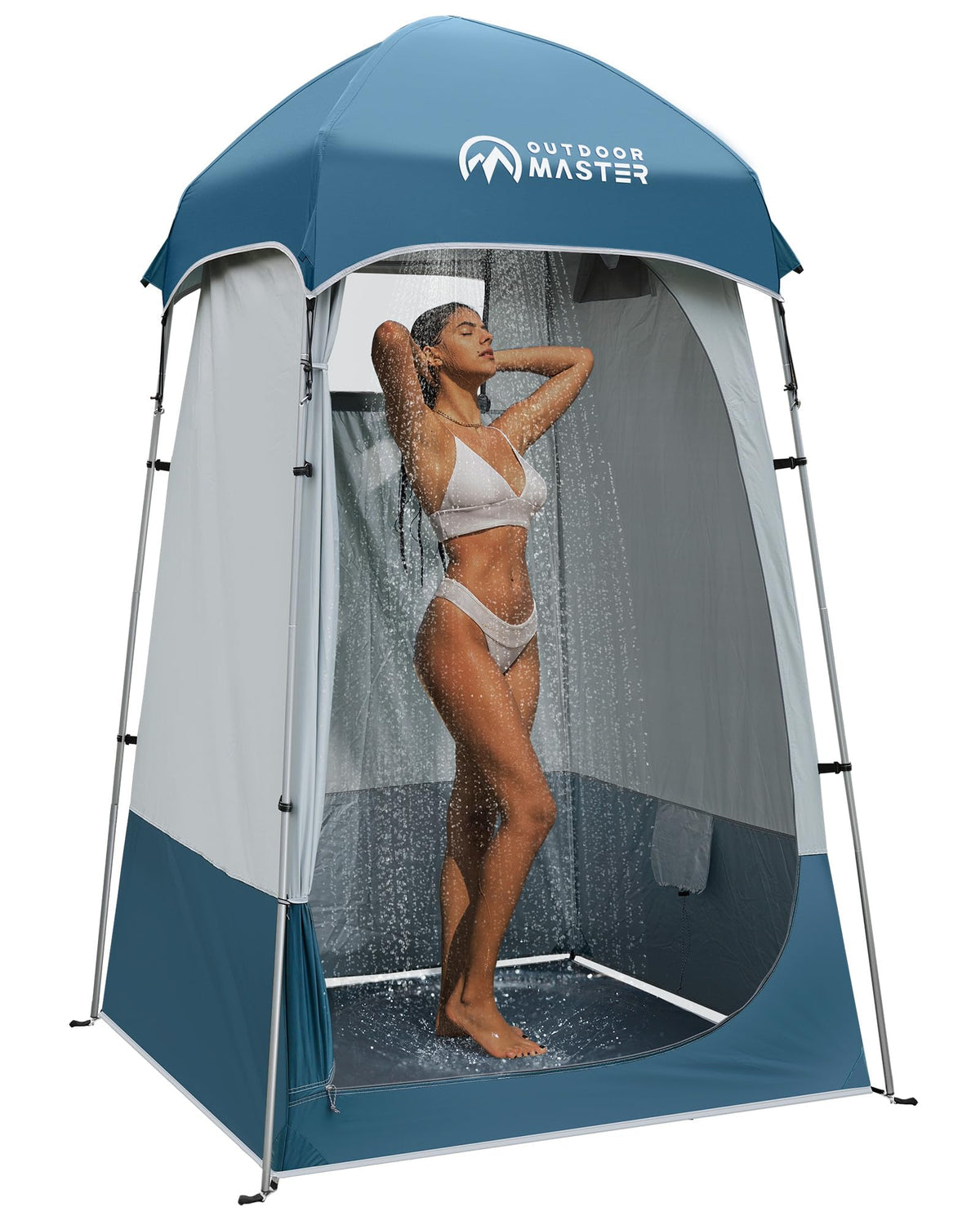 OutdoorMaster front view of shower tent showing privacy and quick setup benefit
