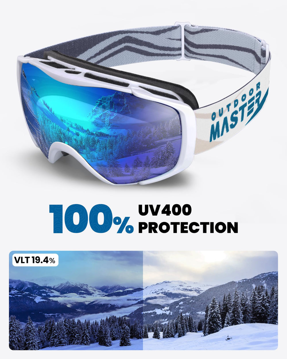 OutdoorMaster worn by snowboarder demonstrating clear vision on slope