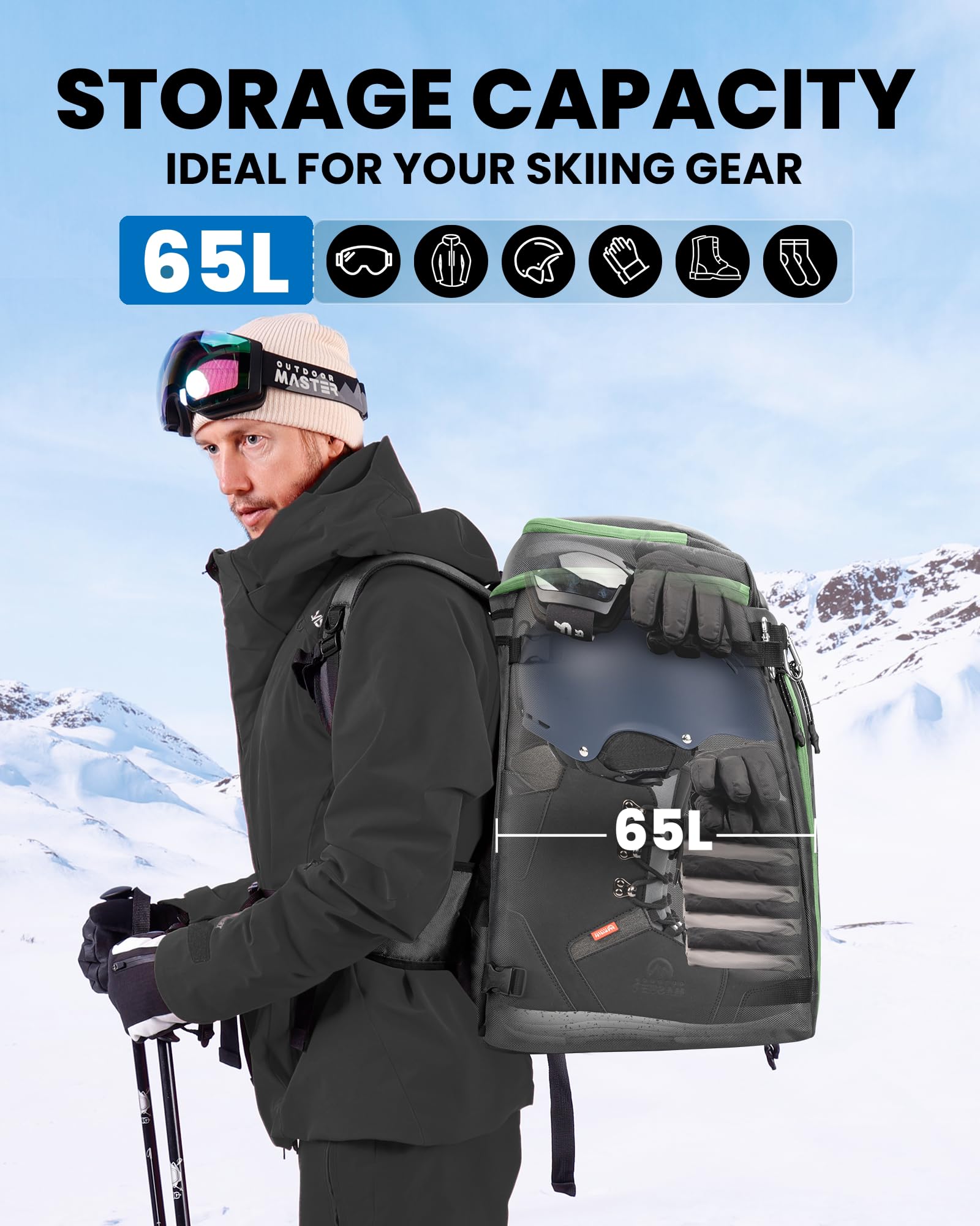 OutdoorMaster helmet and goggle pocket holding helmet securely for easy access