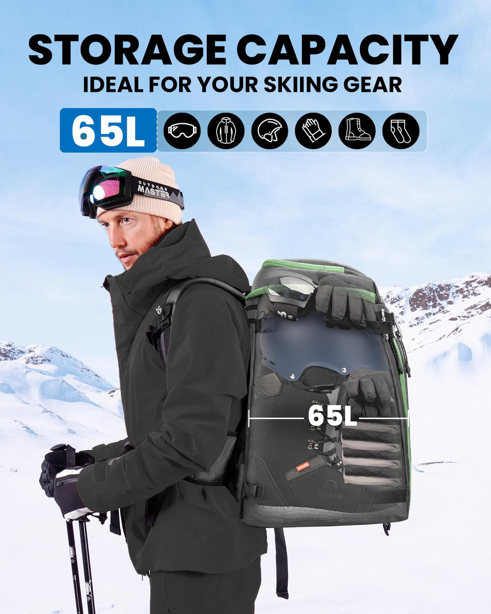 OutdoorMaster helmet and goggle pocket holding helmet securely for easy access