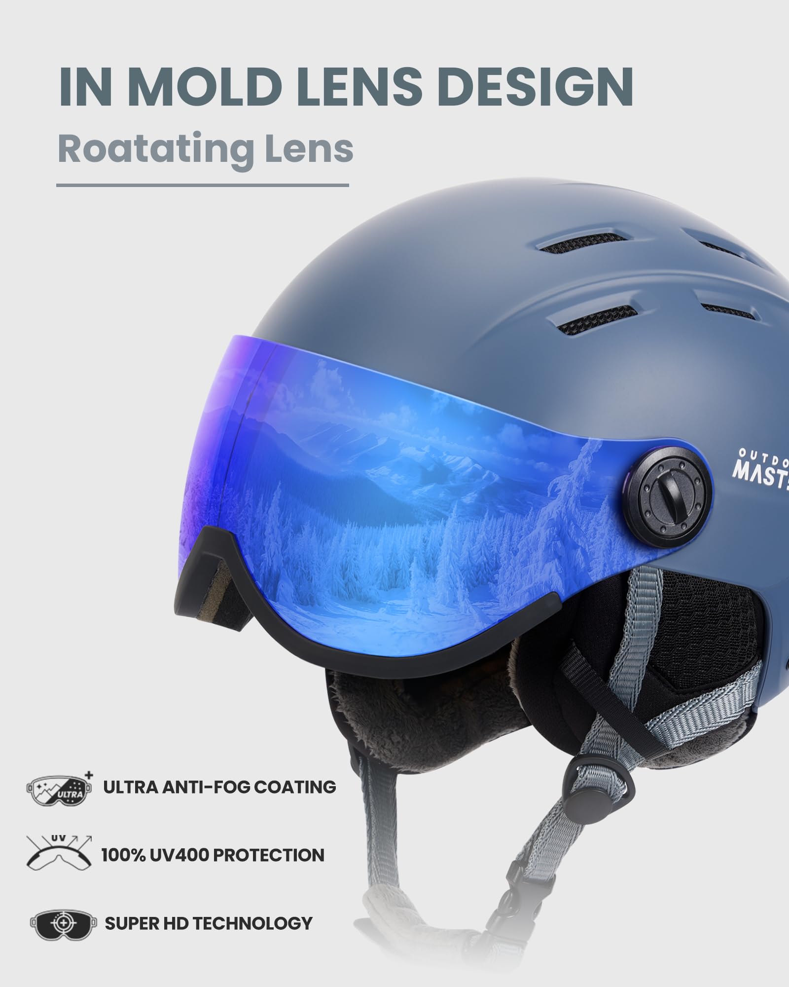 OutdoorMaster Kelvin II detachable visor close-up highlighting quick-release feature and clear vision