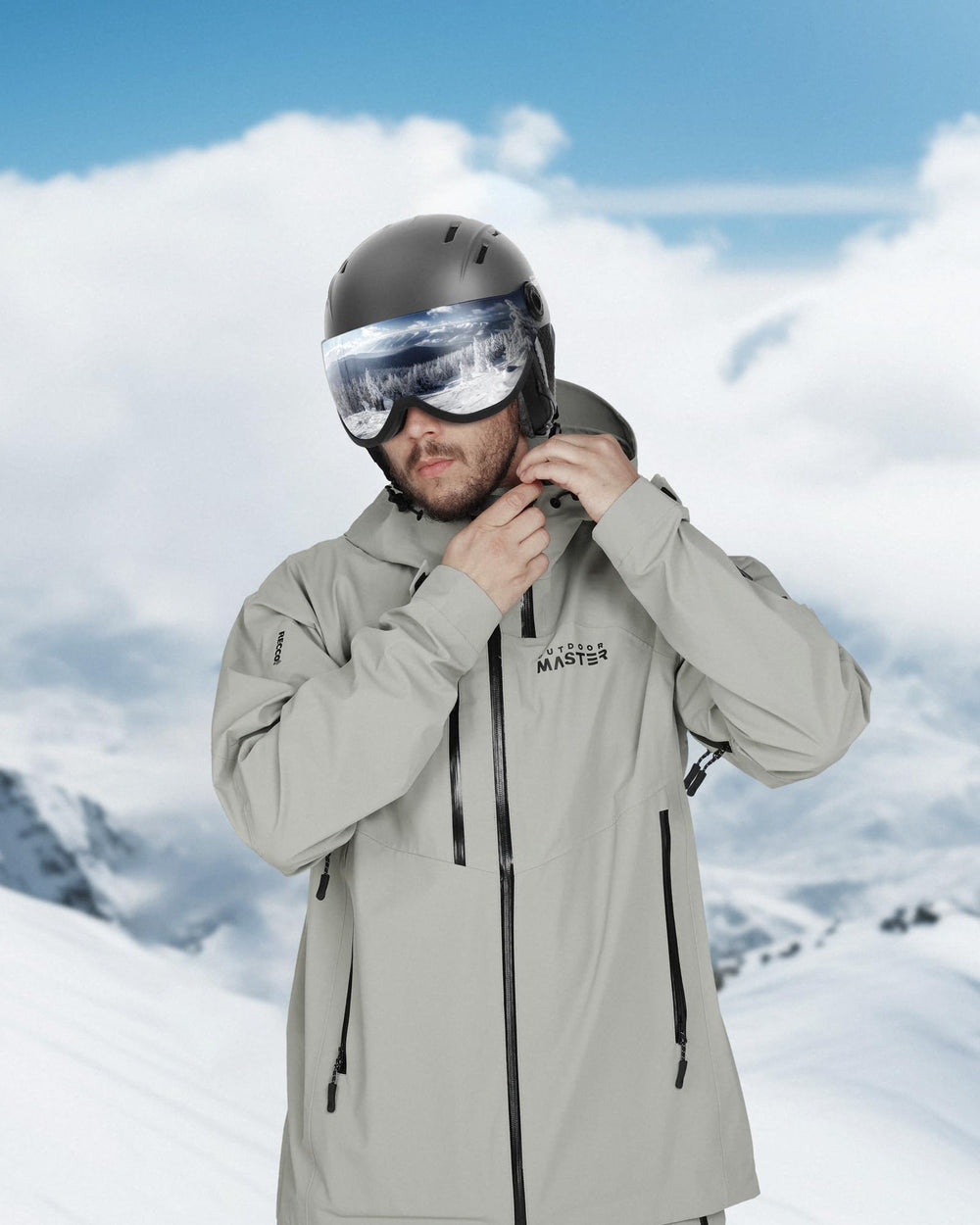OutdoorMaster helmet next to hand showing size scale and adjustable fit