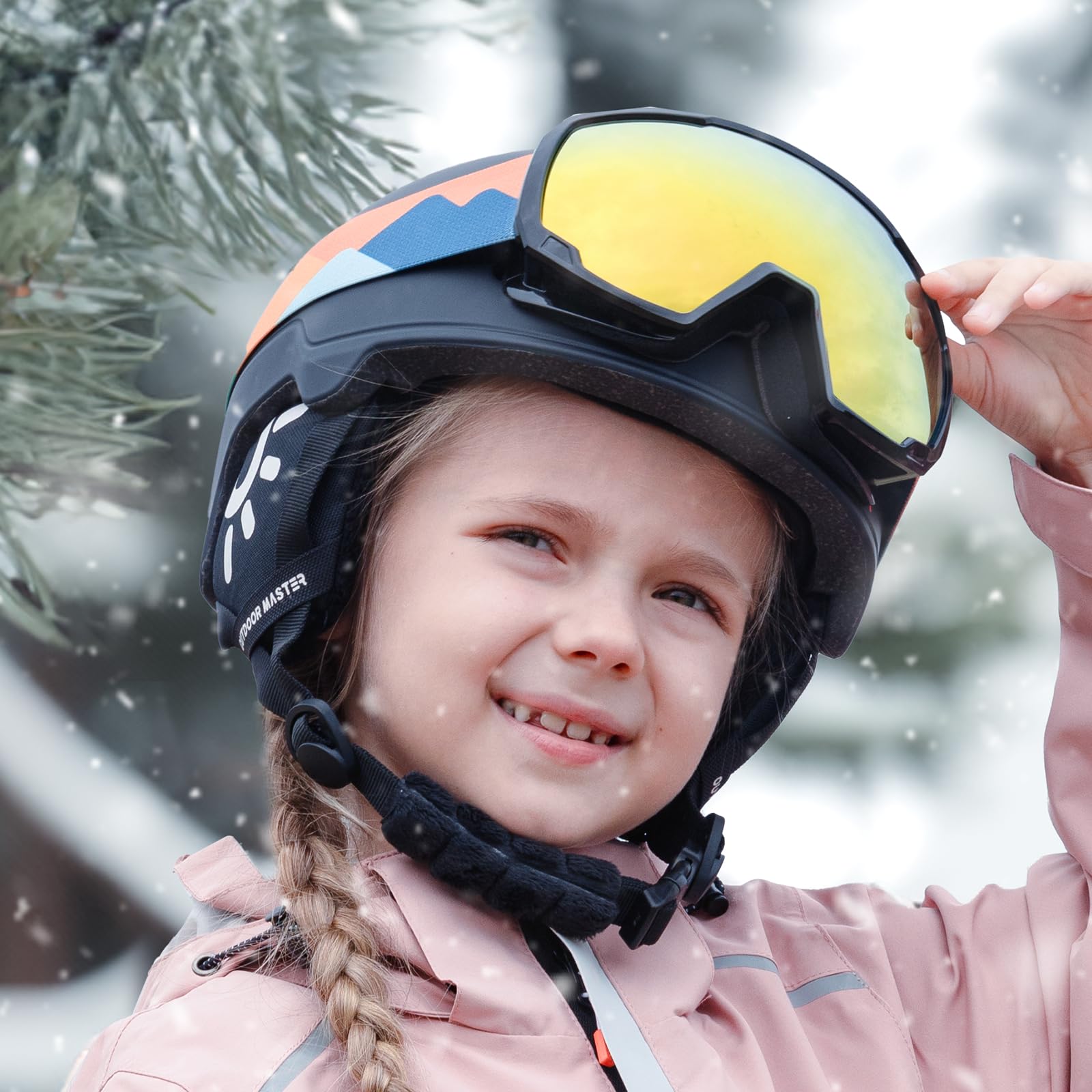 OutdoorMaster goggles fitted with a ski helmet demonstrating helmet compatibility