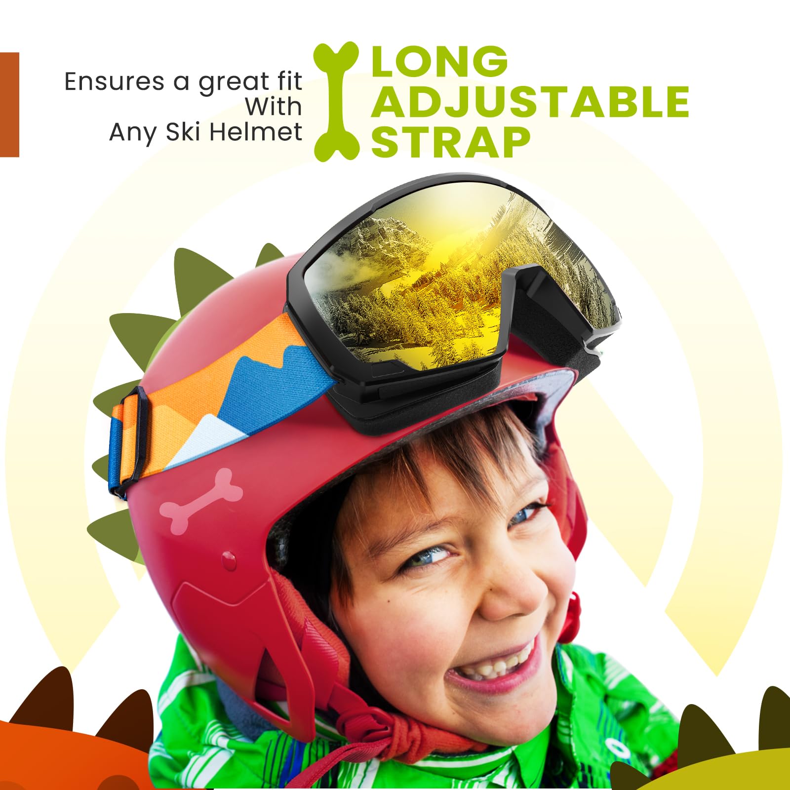 Child wearing OutdoorMaster goggles on slope showing secure fit and fun