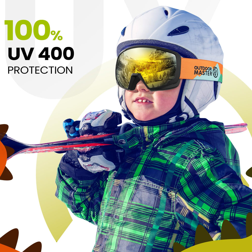 OutdoorMaster lens reflecting snowy slope showing anti-glare and UV400 protection