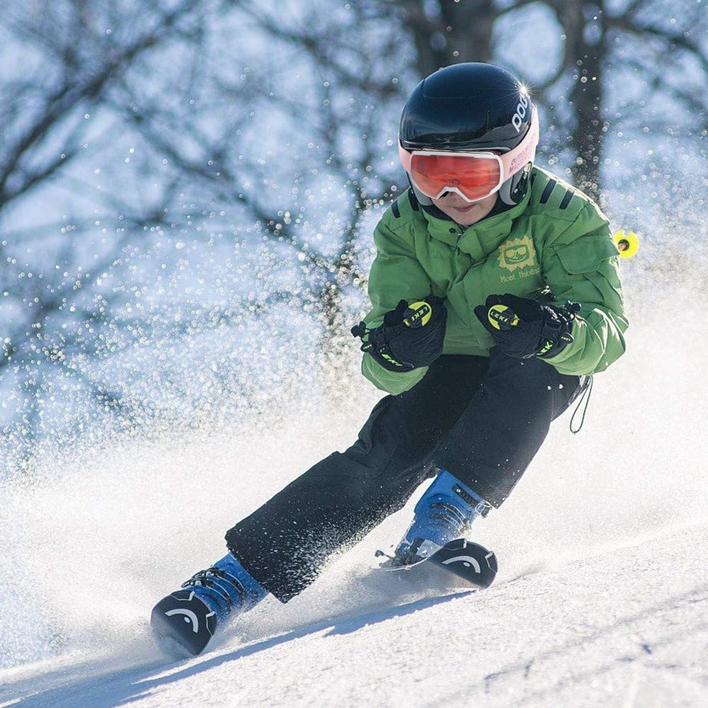 OutdoorMaster child wearing goggles on slope showing protection and confidence benefit