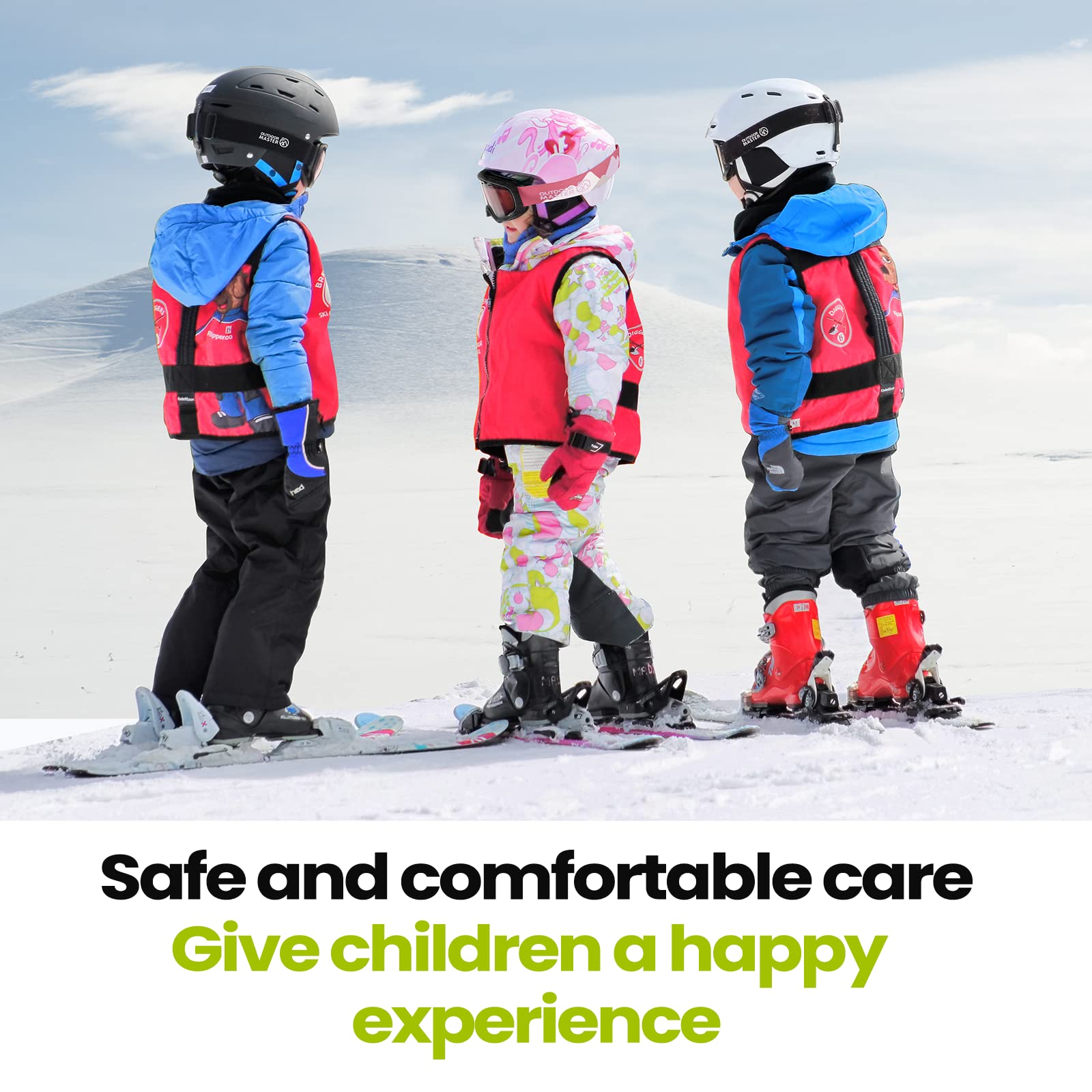 OutdoorMaster kids wearing goggles on slope showing sun protection and active-use benefit