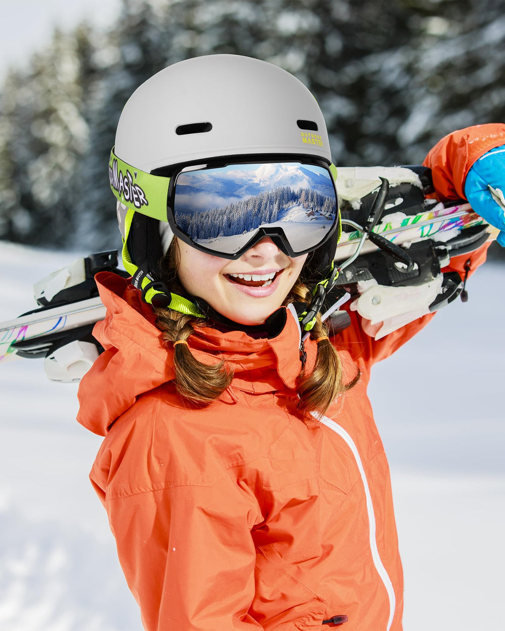 OutdoorMaster helmet with goggles showing strap snap to keep eyewear secure