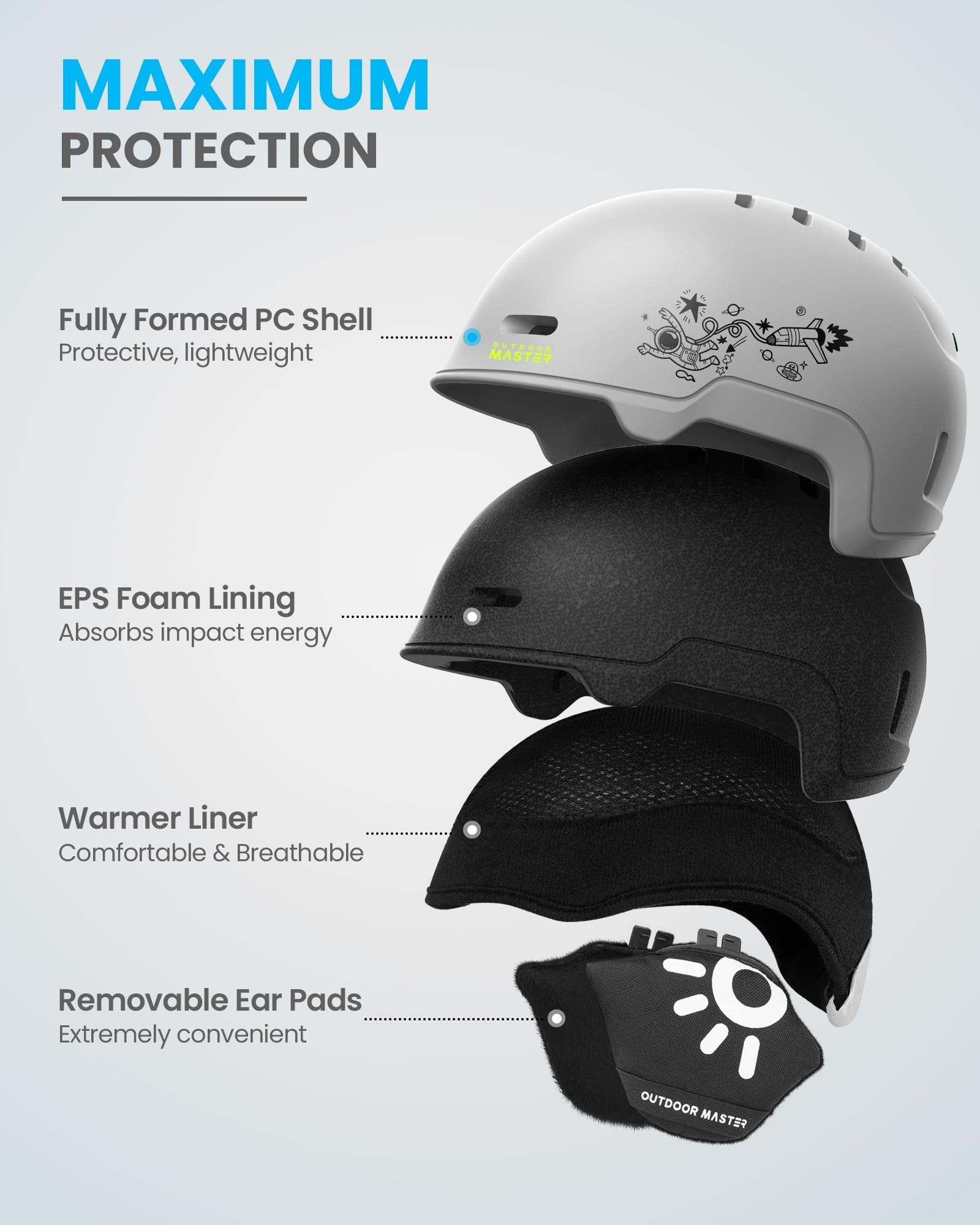 OutdoorMaster helmet side profile highlighting vents and balanced coverage benefit