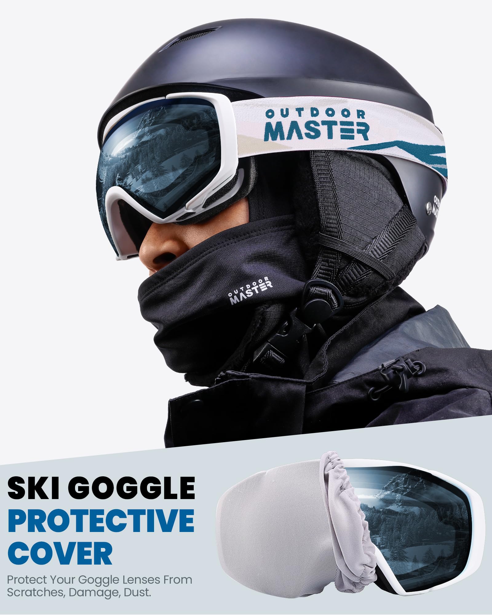 OutdoorMaster lens close-up highlighting anti-fog and UV400 protection benefit