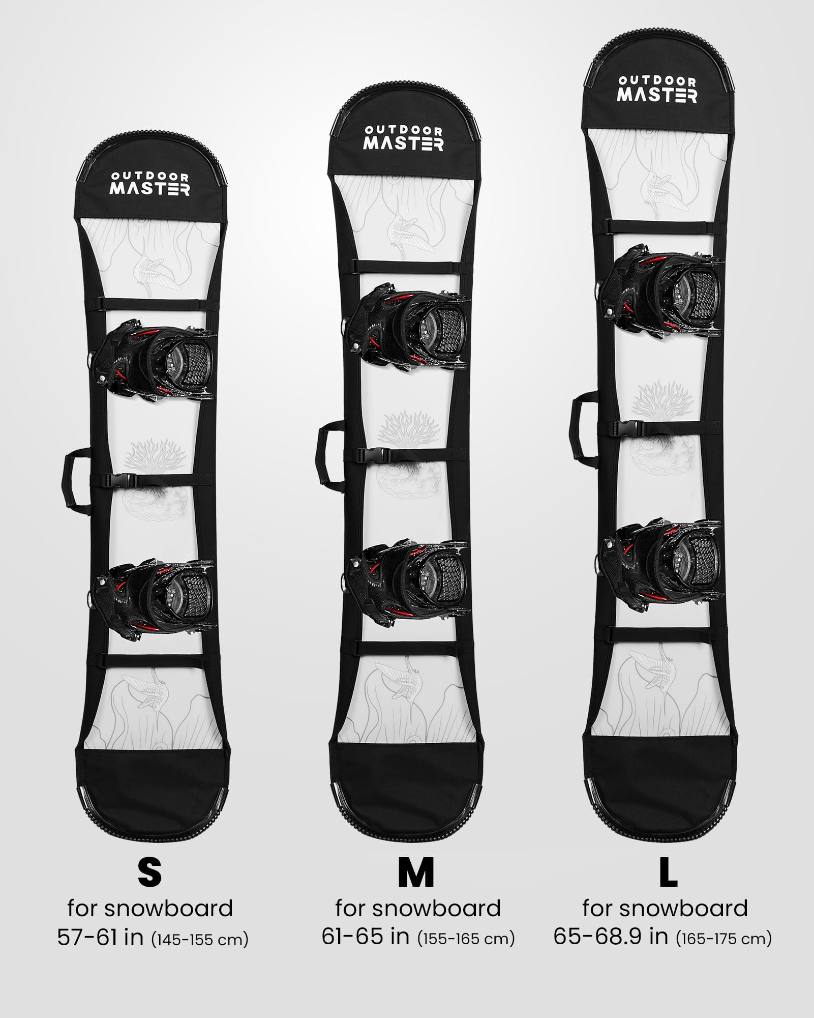 OutdoorMaster lifestyle shot with snowboard in sleeve on snow for easy transport