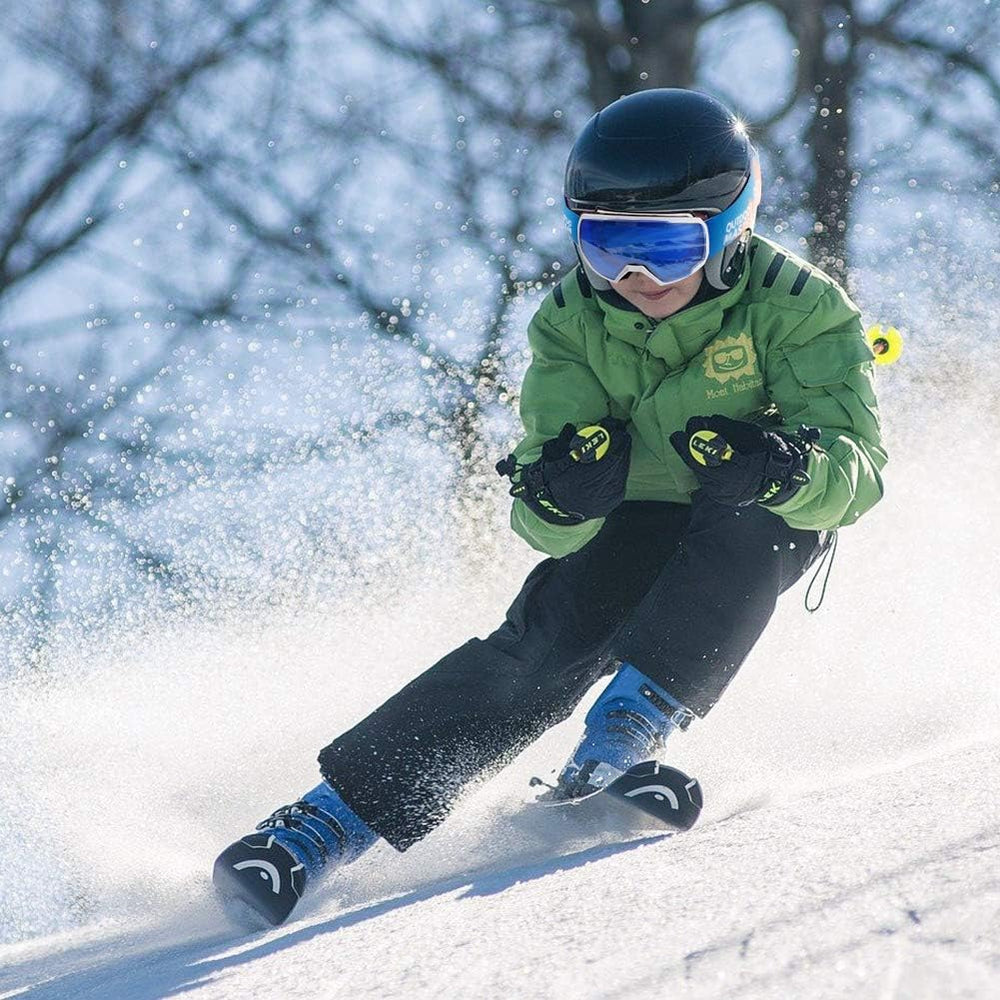 OutdoorMaster lifestyle shot of child on snow wearing goggles offering protection and visibility