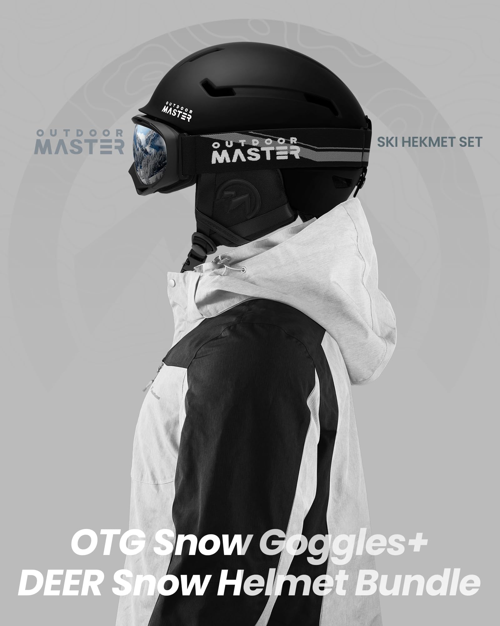 OutdoorMaster helmet and goggles in use on slope demonstrating confident performance