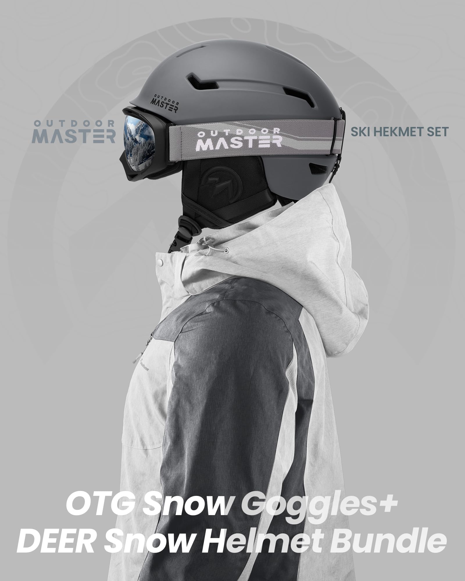 OutdoorMaster helmet and goggles on a skier illustrating protection during rides