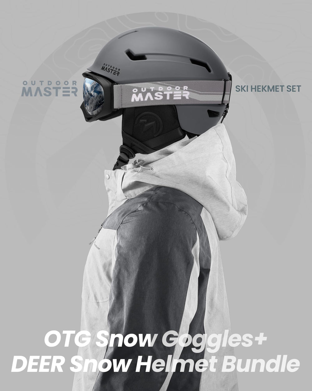 OutdoorMaster helmet and goggles on a skier illustrating protection during rides