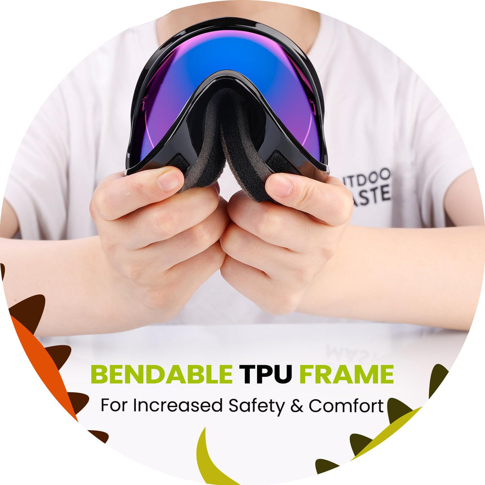 OutdoorMaster child wearing goggles with helmet showing secure, helmet-compatible fit