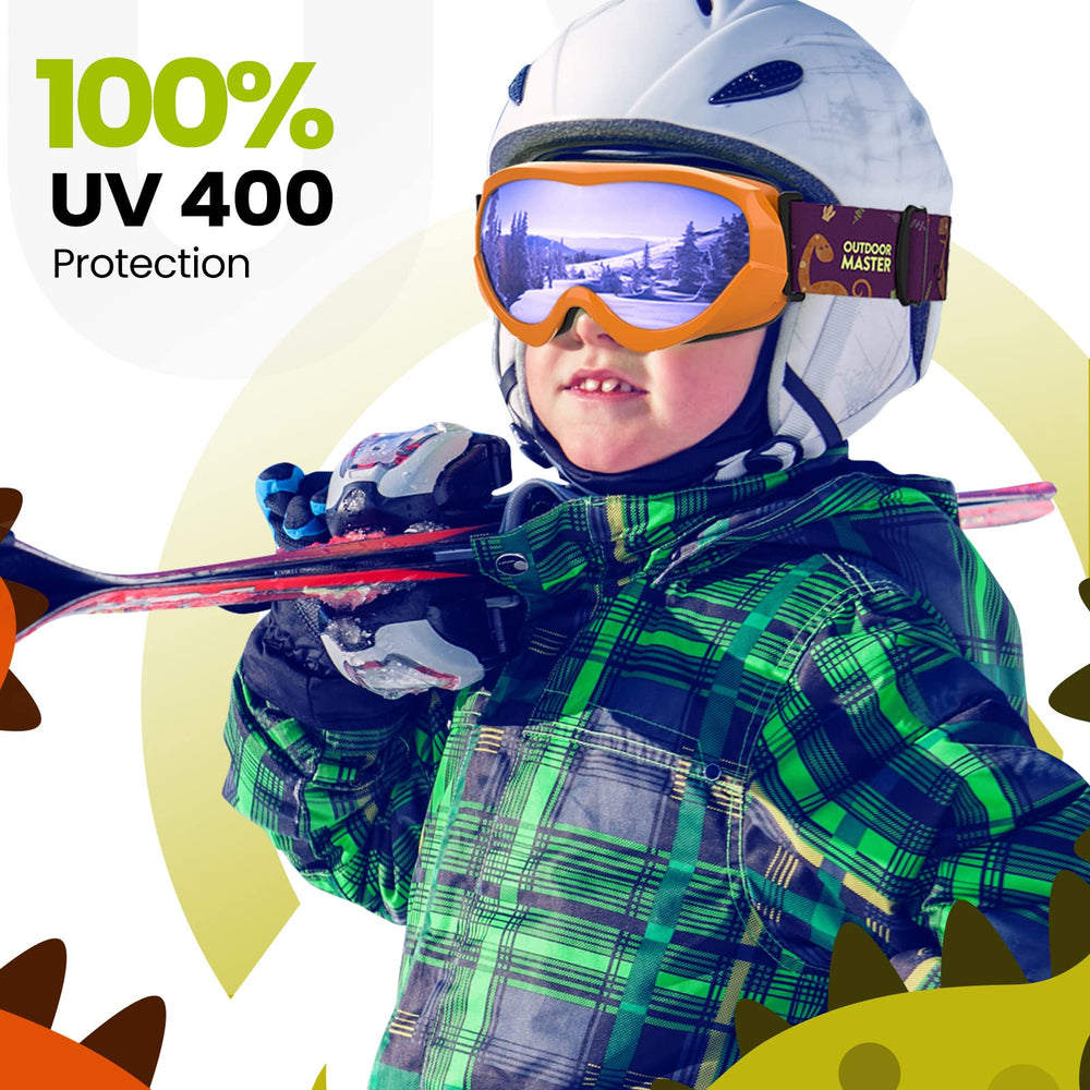 OutdoorMaster goggles on a youth helmet showing secure strap and helmet compatibility benefit