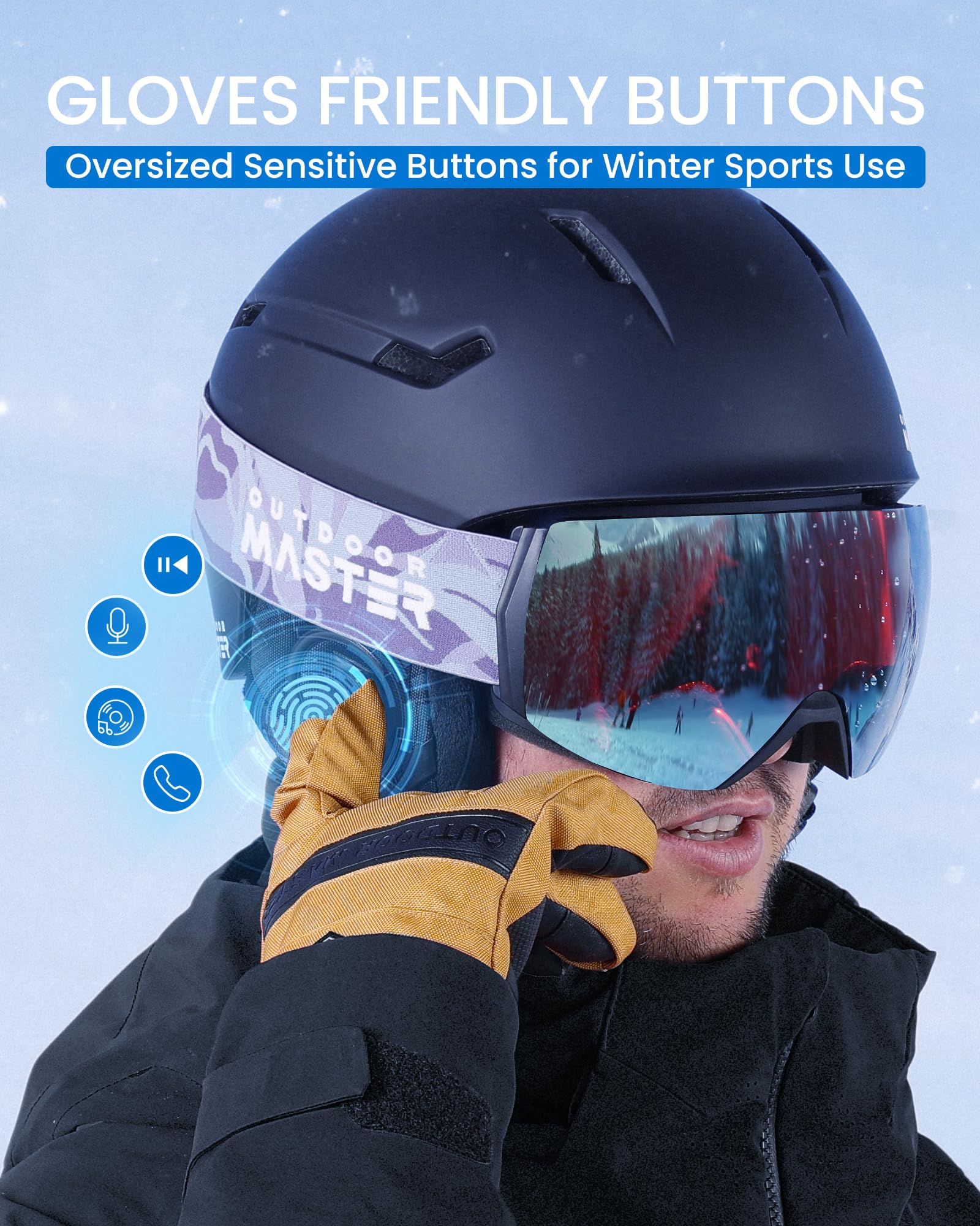 OutdoorMaster built-in microphone close-up showing hands-free calling convenience