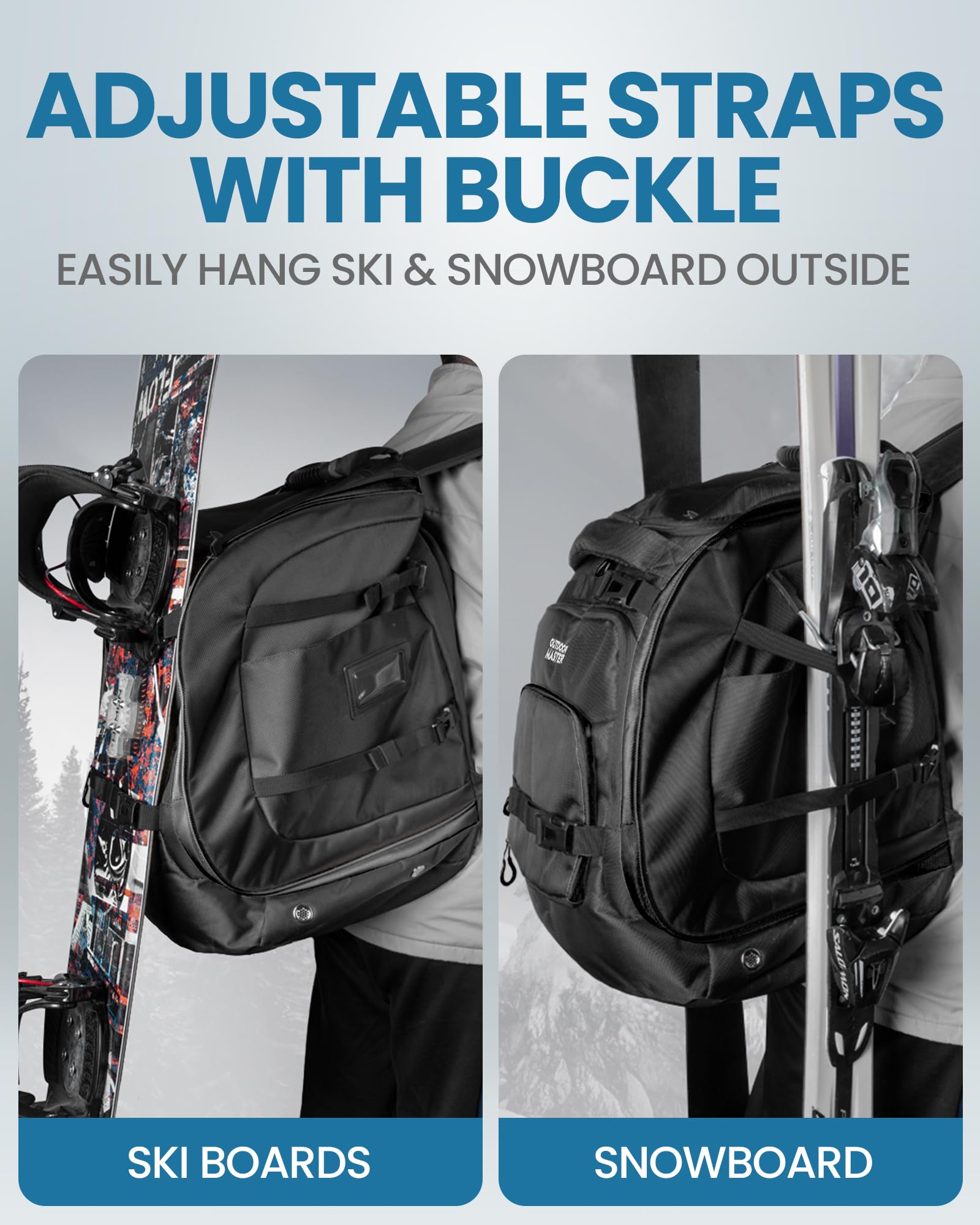 OutdoorMaster attached skis and bag next to person shows size and transport convenience