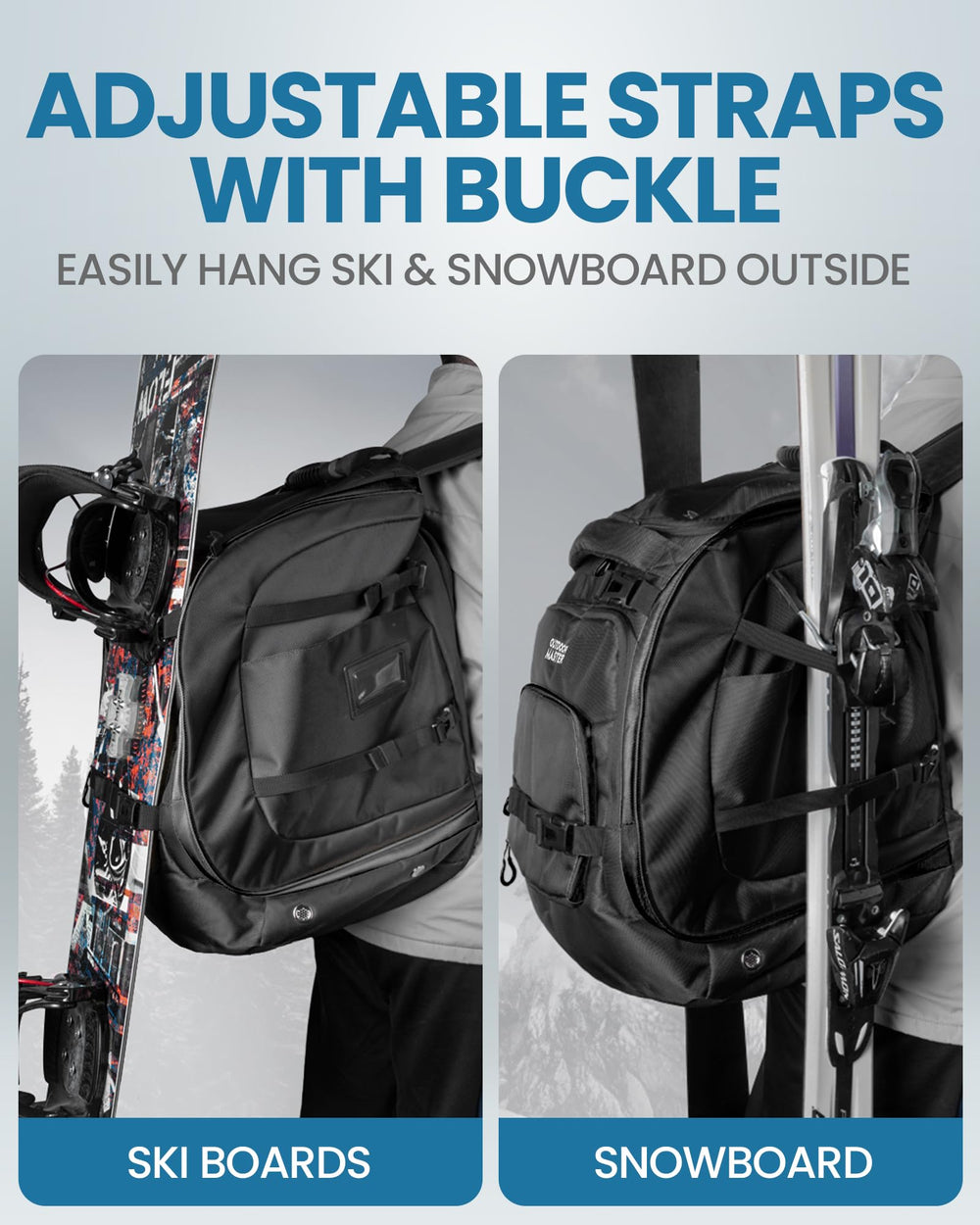 OutdoorMaster attached skis and bag next to person shows size and transport convenience