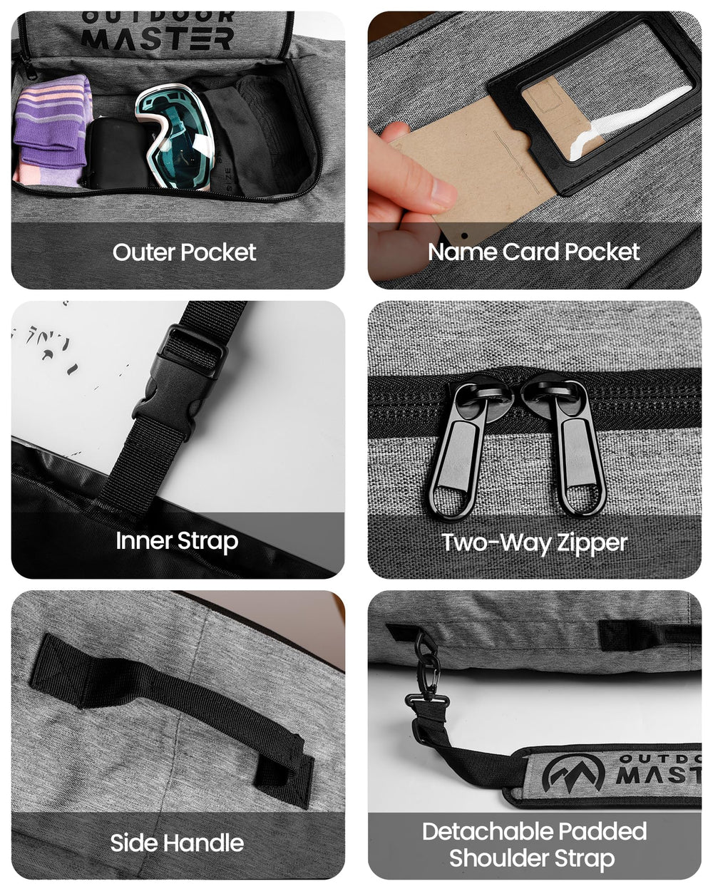 OutdoorMaster bag beside snowboard showing L-165cm length and scale