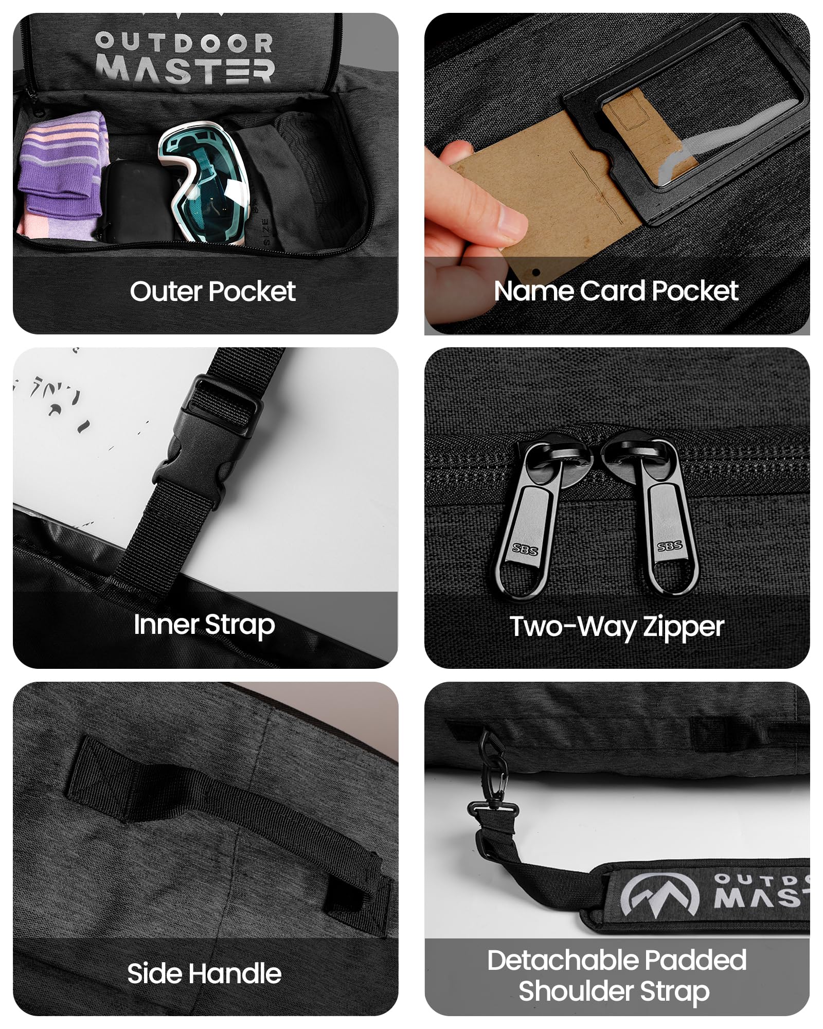 OutdoorMaster bag packed with board, boots, helmet showing gear organization