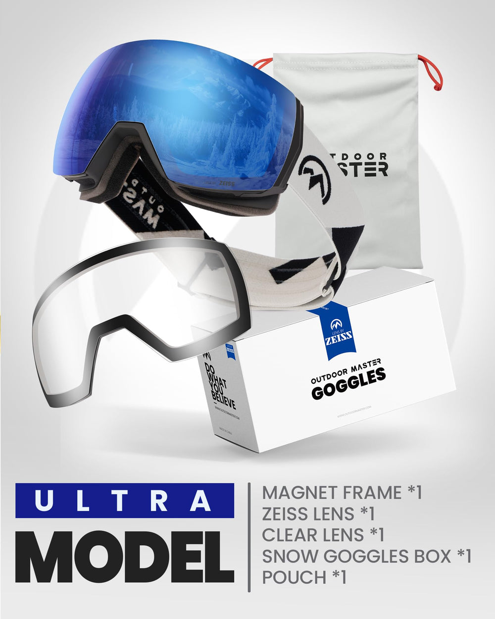 OutdoorMaster goggles worn by skier on slope showing improved terrain visibility