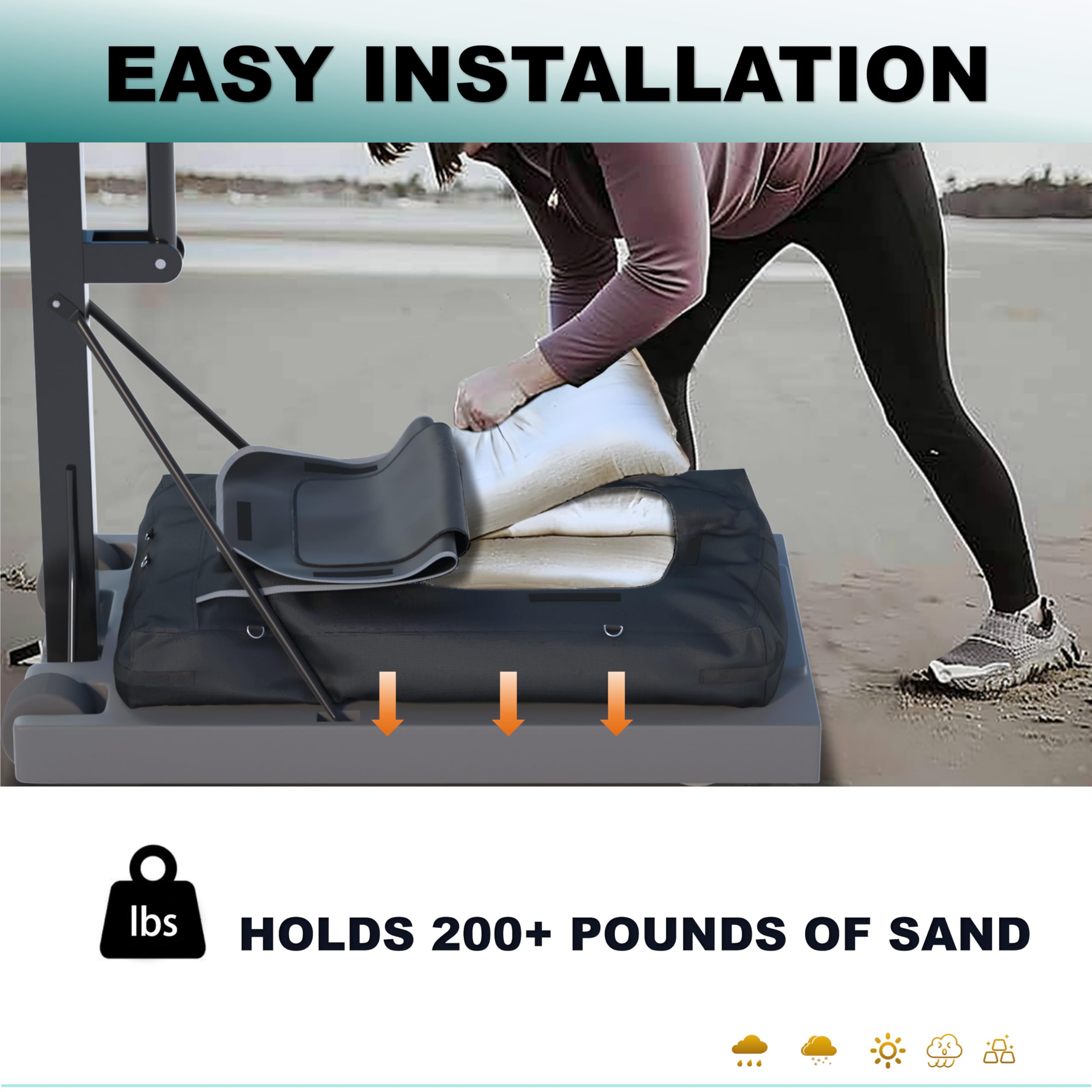OUTDOORWEI attached to hoop base demonstrating added weight and safety
