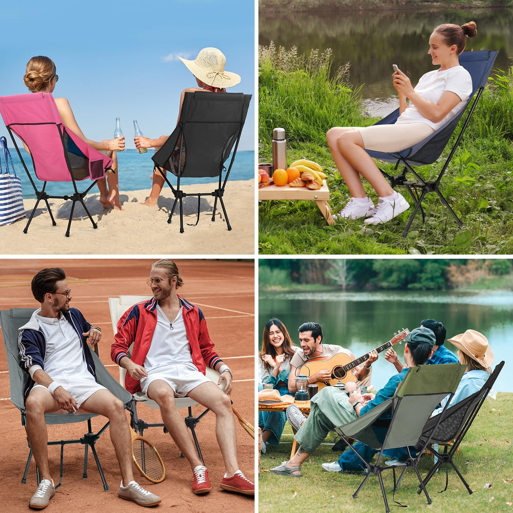 Outple chair beside backpack illustrating compact travel size
