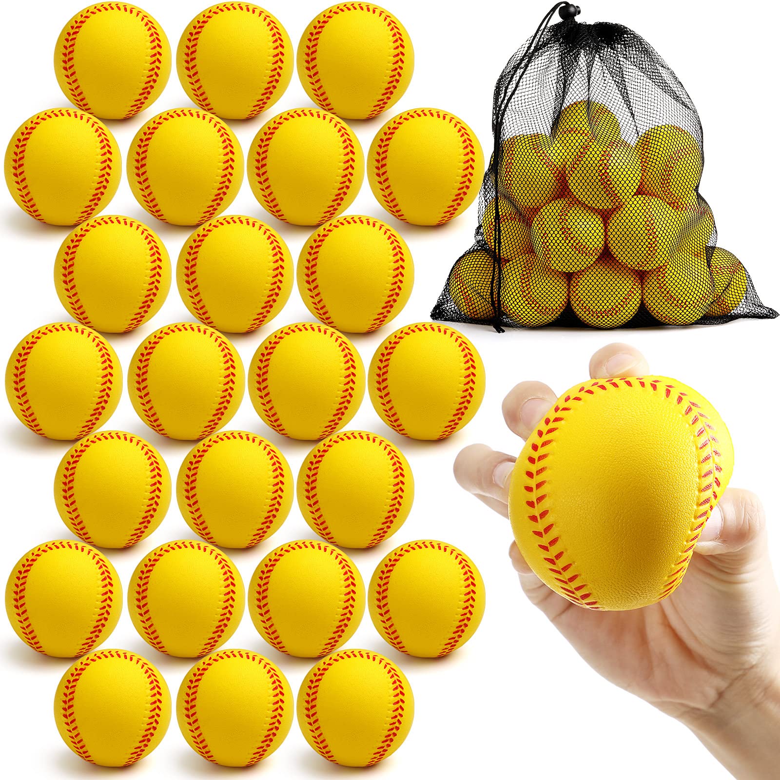 Outus front view of 24 yellow foam baseballs showing quantity and visibility benefit