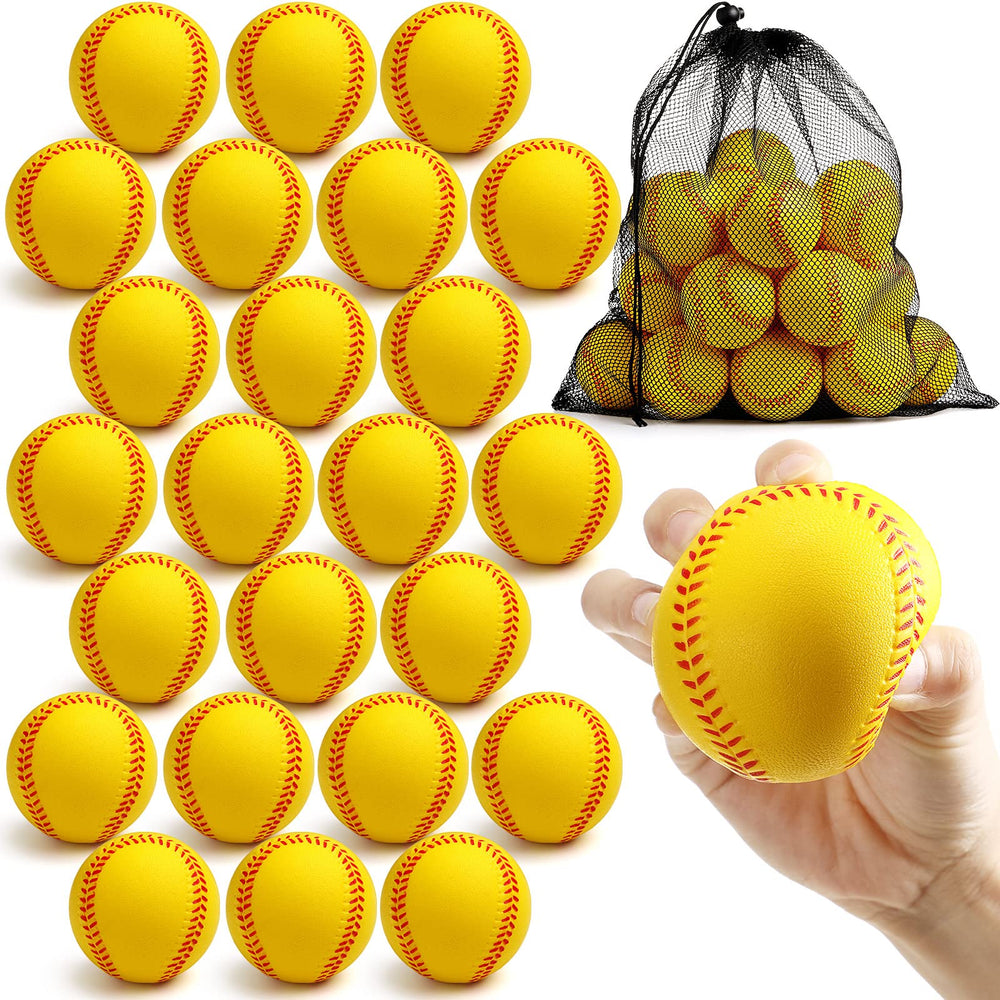 Outus front view of 24 yellow foam baseballs showing quantity and visibility benefit