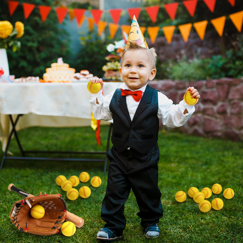 Outus yellow foam baseballs displayed on party table as sporty favor and fun prize