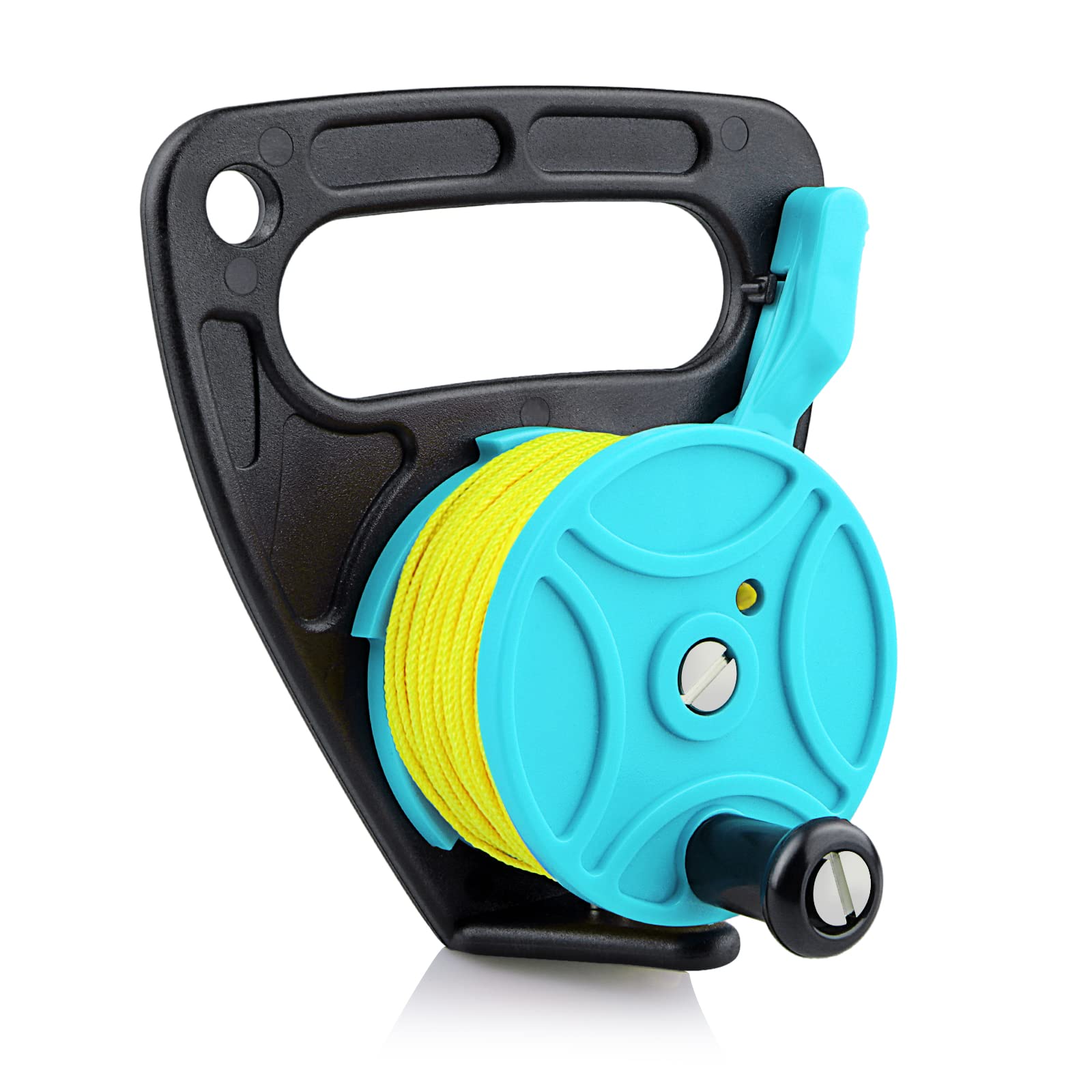Owekfifv dive reel front view showing blue and yellow line for better visibility
