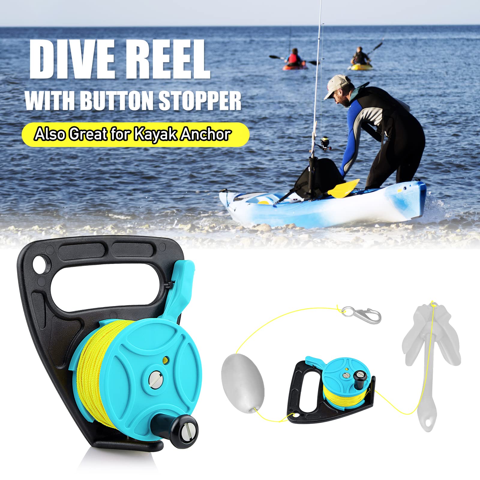 Owekfifv dive reel top view with 150ft braided line spooled for long-range use