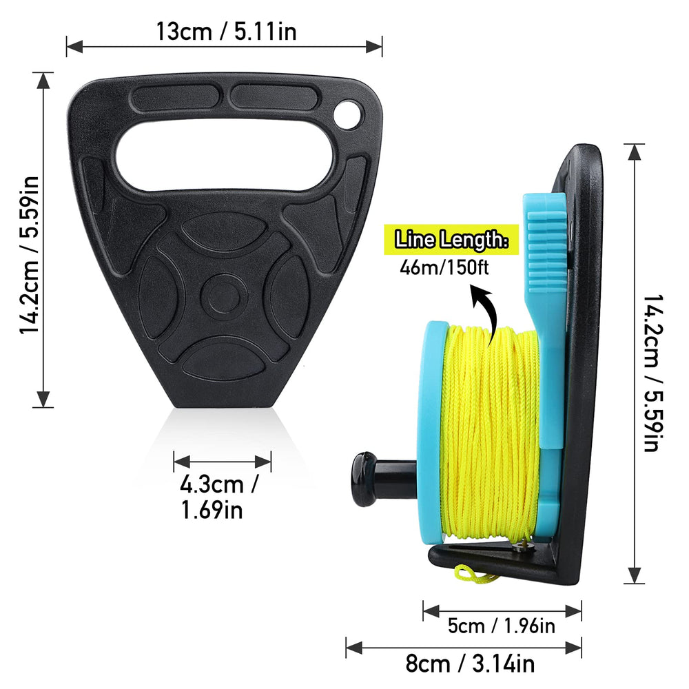 Owekfifv dive reel next to a hand for scale, highlighting compact portability