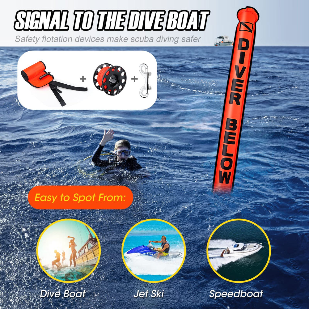 Owekfifv SMB in use on surface aiding diver location from boat
